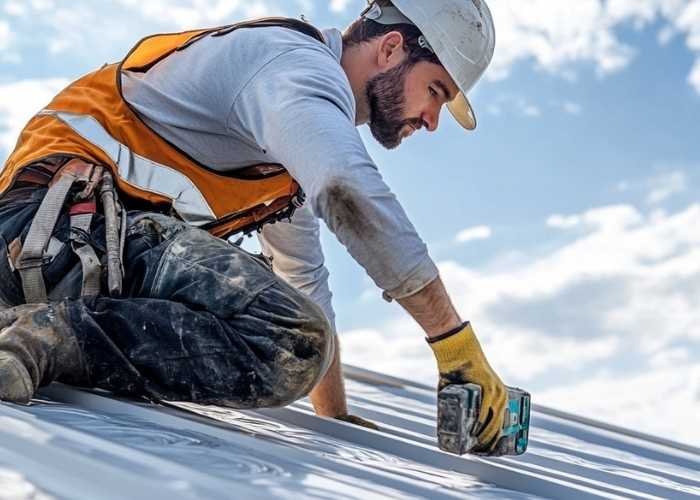 a man wearing a hard hat and gloves working on a roof